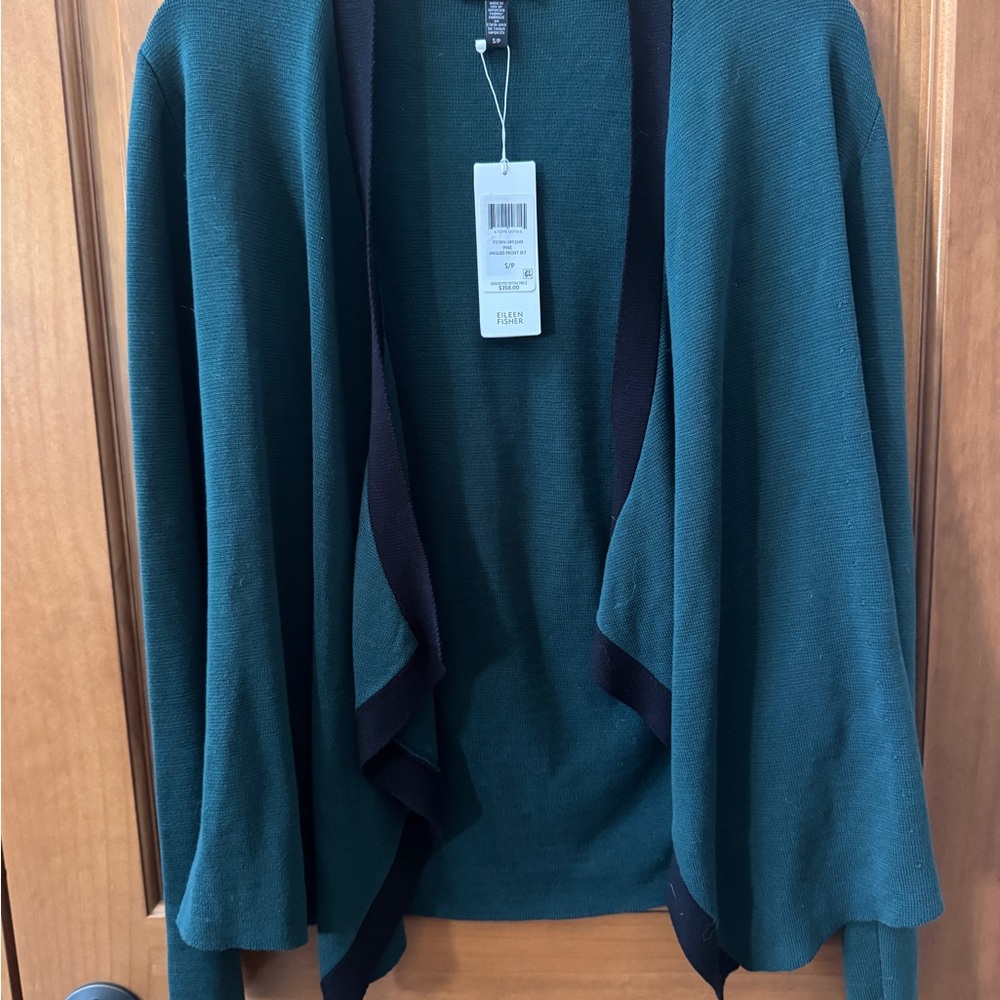 NWT Eileen Fisher Green and Black Open Front Sweater Size S